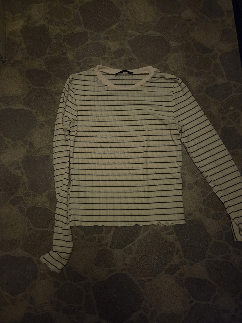 Striped Long Sleeve Ribbed Top - Cream & Black